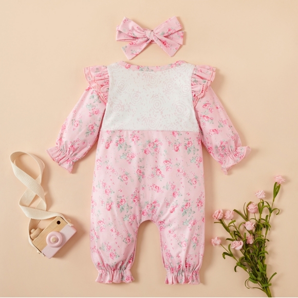 2-piece Baby Floral Ruffled Jumpsuit with Headband - Picture 3 of 3